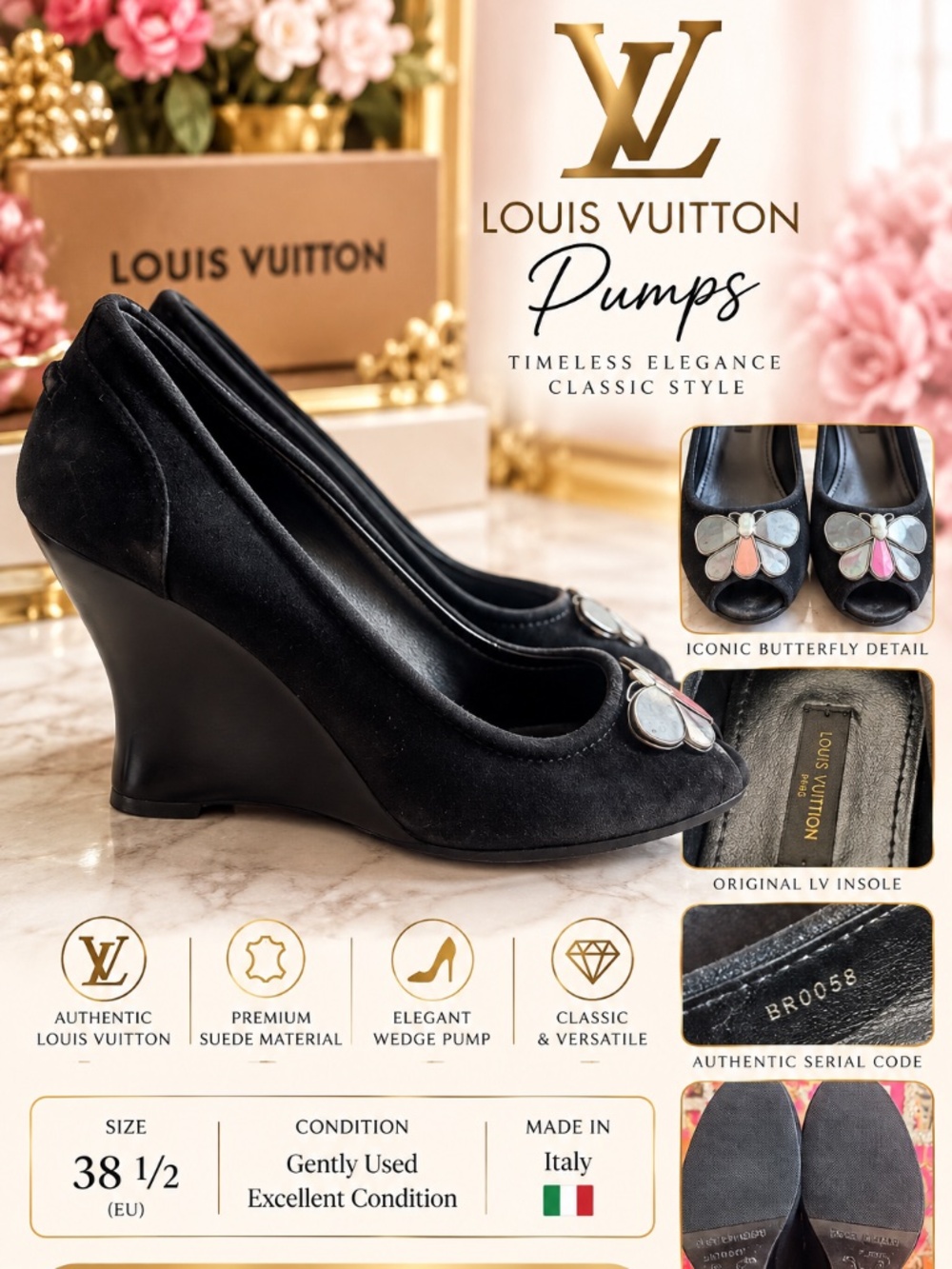 LOIUS VUITTON Leather black beautiful suede pump Butterfly Madreperola.